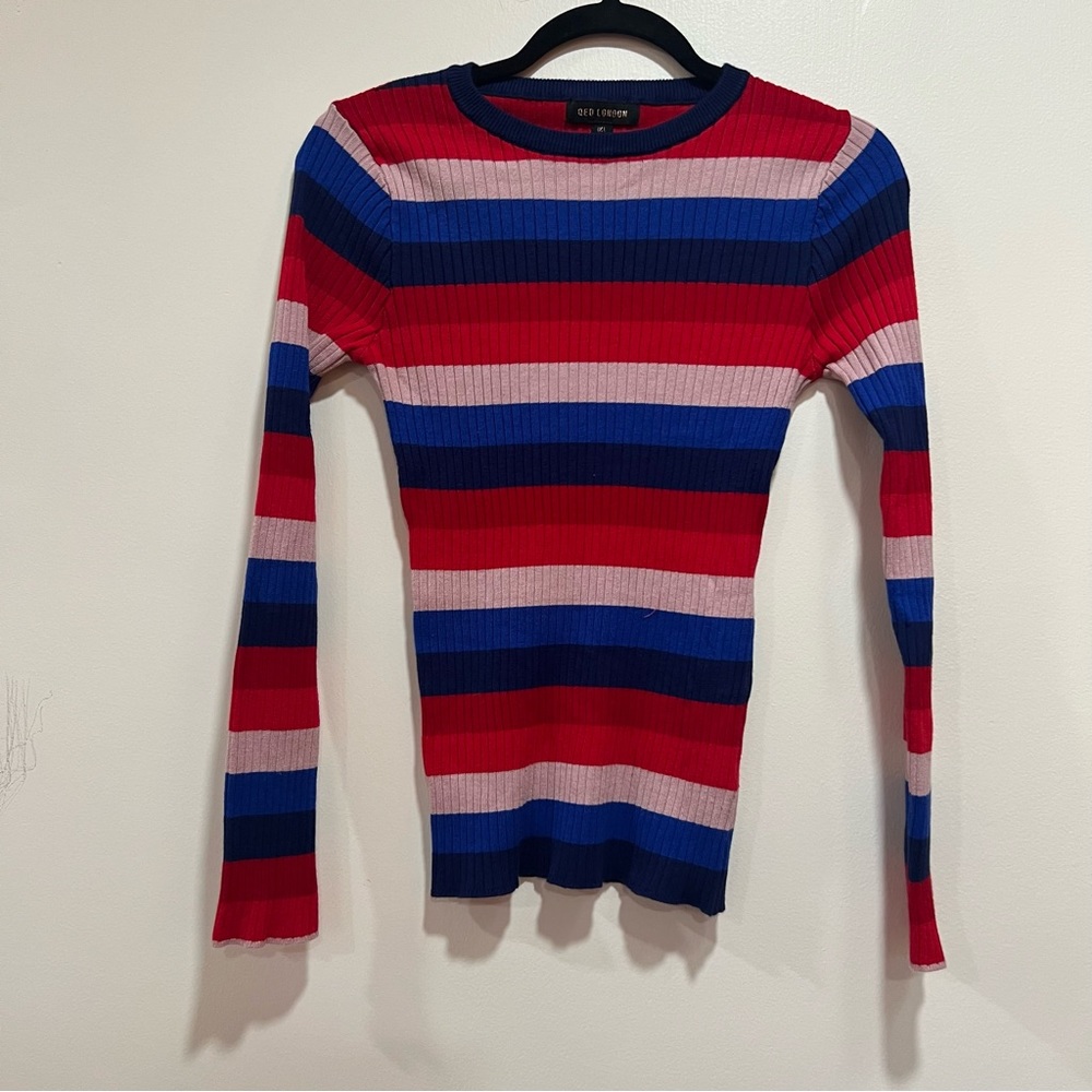 QED London Retro Ribbed Striped Thick Knit Long Sleeved Top